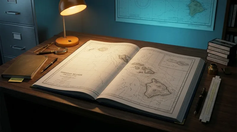 An open atlas on a walnut workbench under a single warm desk lamp, opened to a Hawaii territorial chart with brass divider, magnifying glass, and slide rule arranged around it