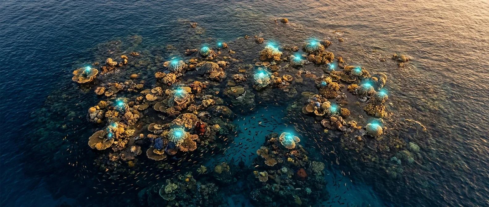 Ecosystem — wide aerial view of a mature Hawaiian reef from above at golden hour, the full system visible: substrate, coral, fish, all reinforcing each other
